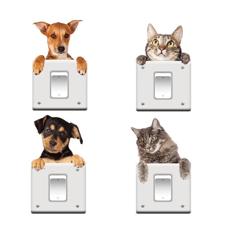 Cat and dog cartoon wall sticker creative switch wall sticker bedroom can remove waterproof PVC decorative stickers