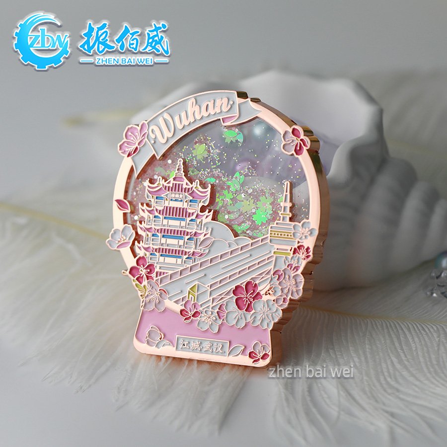Electroplated rose gold Wuhan soft enamel quicksand refrigerator sticker custom scenic spot metal refrigerator sticker custom