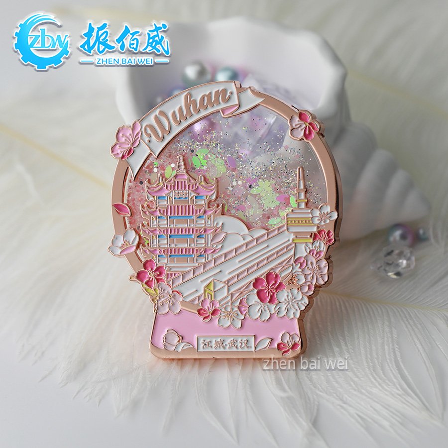 Electroplated rose gold Wuhan soft enamel quicksand refrigerator sticker custom scenic spot metal refrigerator sticker custom
