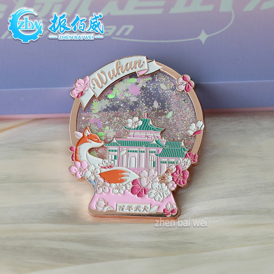 Electroplated rose gold Wuhan soft enamel quicksand refrigerator sticker custom scenic spot metal refrigerator sticker custom