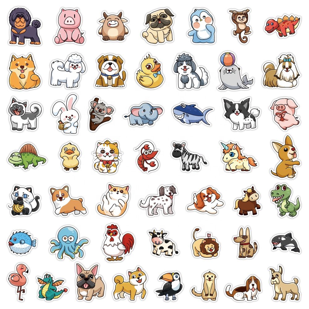 100pcs Cartoon Animal Sticker Custom Waterproof Die Cut Adhesive DIY Paper Dog Cat Stickers for Laptop Book Motorcycle Sticker