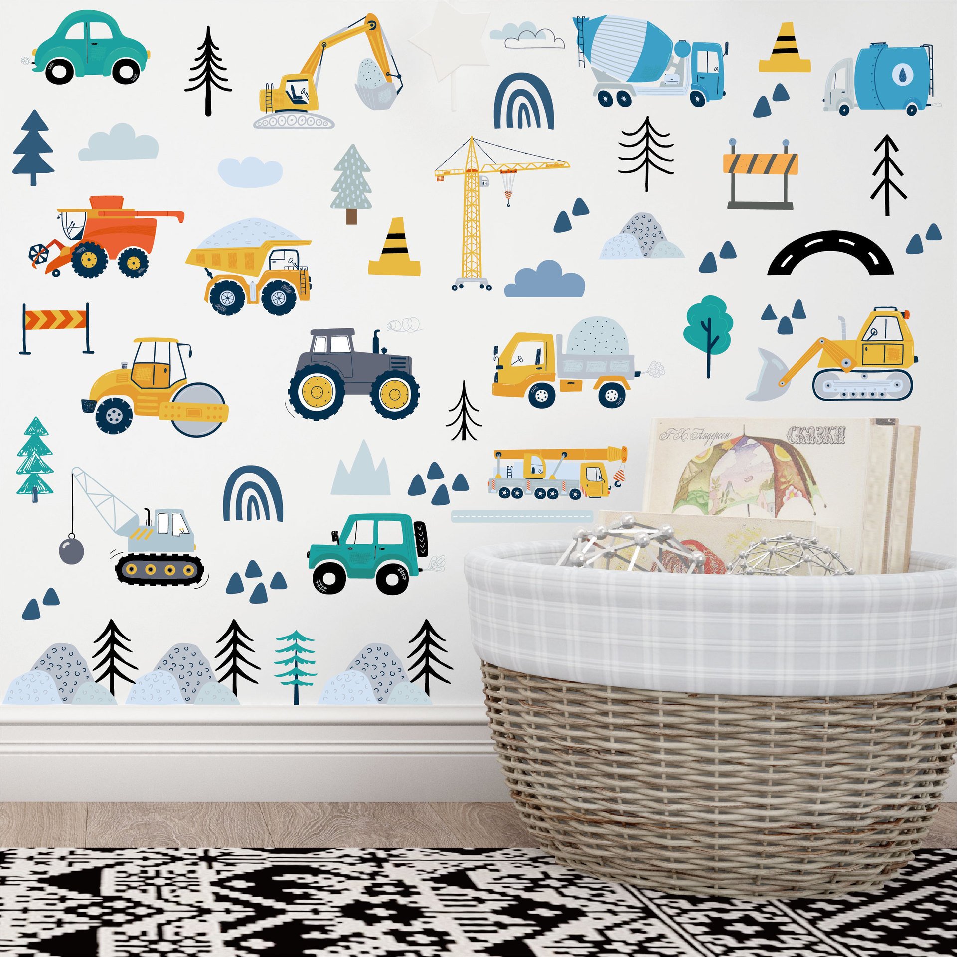 Construction Vehicles Wall Stickers - 6 Sheets 90pcs Boho Style Decals Peel Cartoon Wall Sticker Decors for Kids Baby Bedroom