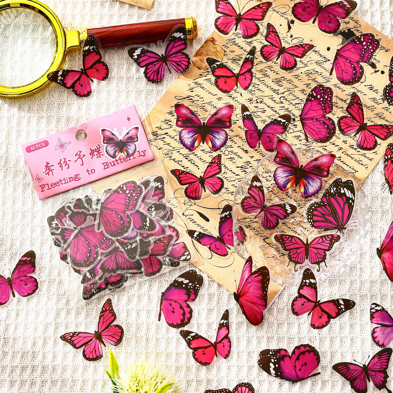 40pcs Mixed Butterfly PET Sticker Custom Retro DIY Decorative Wall Sticker Waterproof PET insect Transparent Cartoon Stickers
