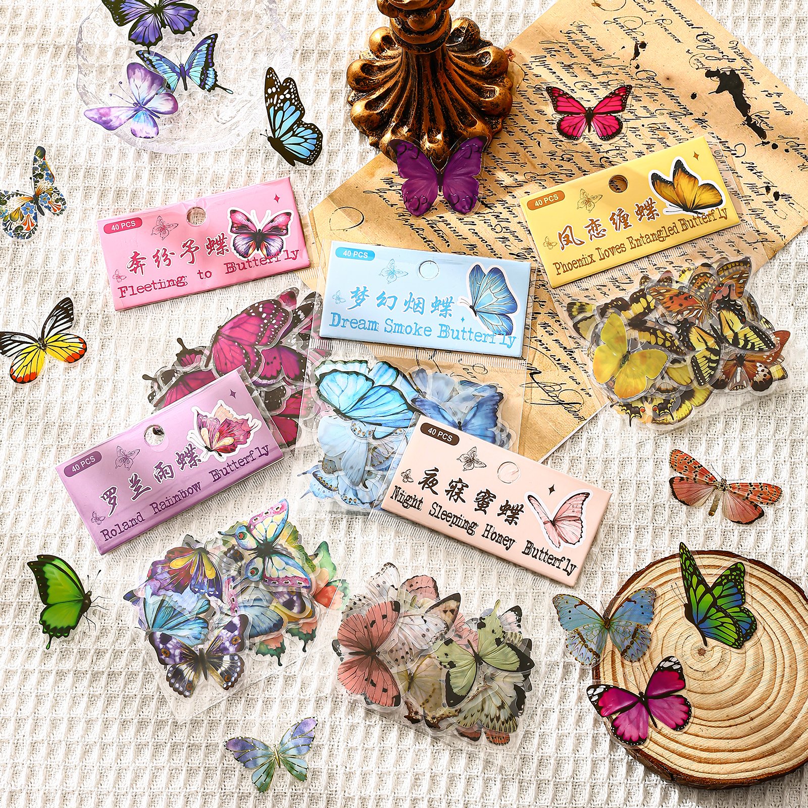40pcs Mixed Butterfly PET Sticker Custom Retro DIY Decorative Wall Sticker Waterproof PET insect Transparent Cartoon Stickers