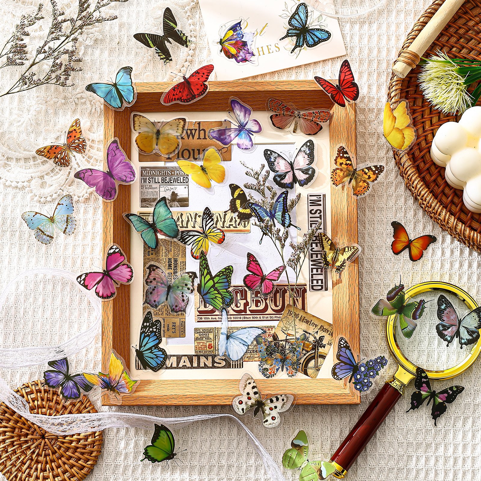 40pcs Mixed Butterfly PET Sticker Custom Retro DIY Decorative Wall Sticker Waterproof PET insect Transparent Cartoon Stickers
