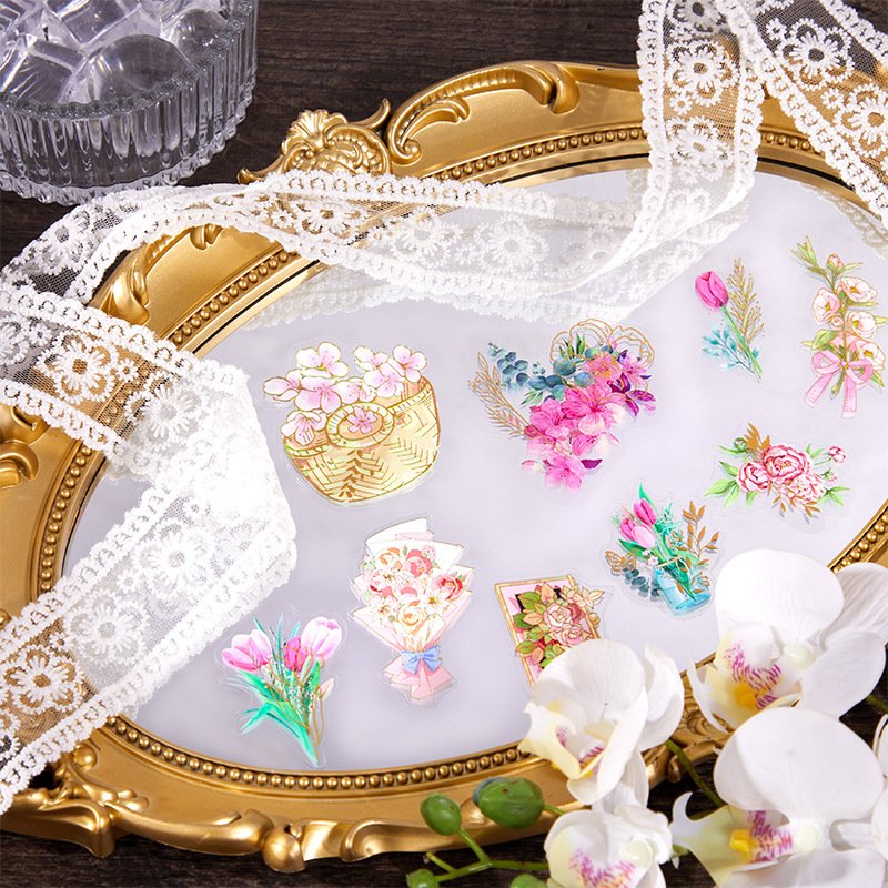 Custom Botanical Clear Floral Decal Gold Foil Glitter Transparent PVC Sticker , Scrapbook Ephemera Journal Deco Planner Stickers