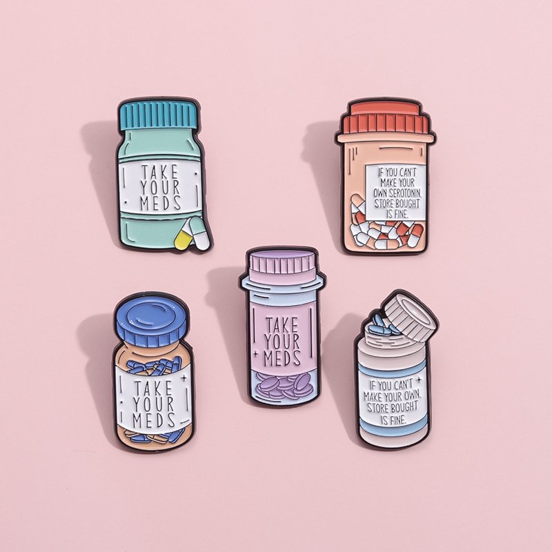 High quality English letters metal badge medicine bottle cartoon soft enamel pins