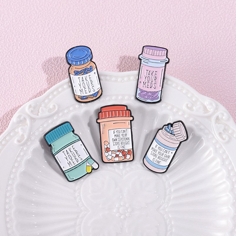 High quality English letters metal badge medicine bottle cartoon soft enamel pins