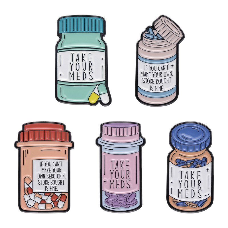 High quality English letters metal badge medicine bottle cartoon soft enamel pins