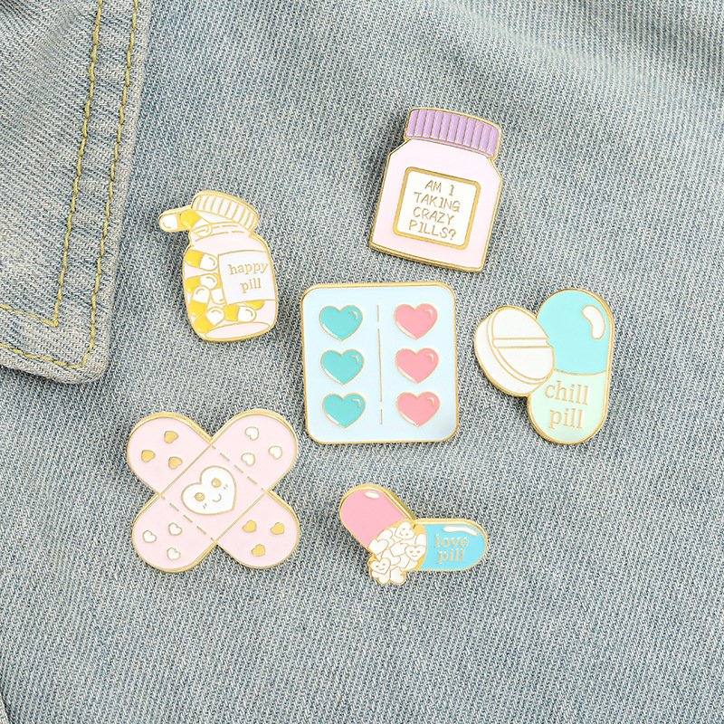 High quality English letters metal badge medicine bottle cartoon soft enamel pins