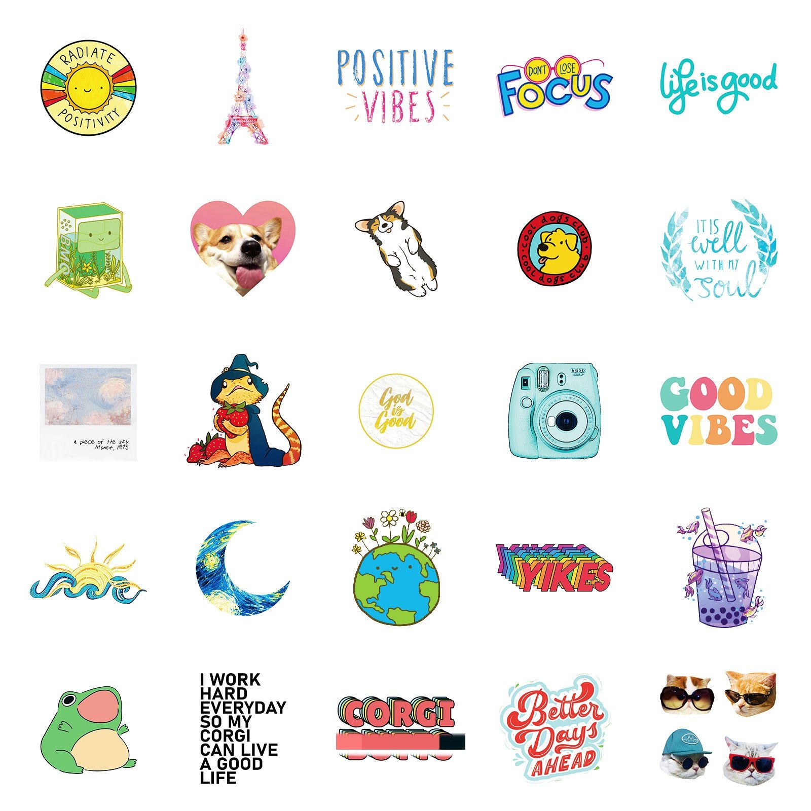50PCS Good vibes positive phrase drink cartoon corgi travelling sticker