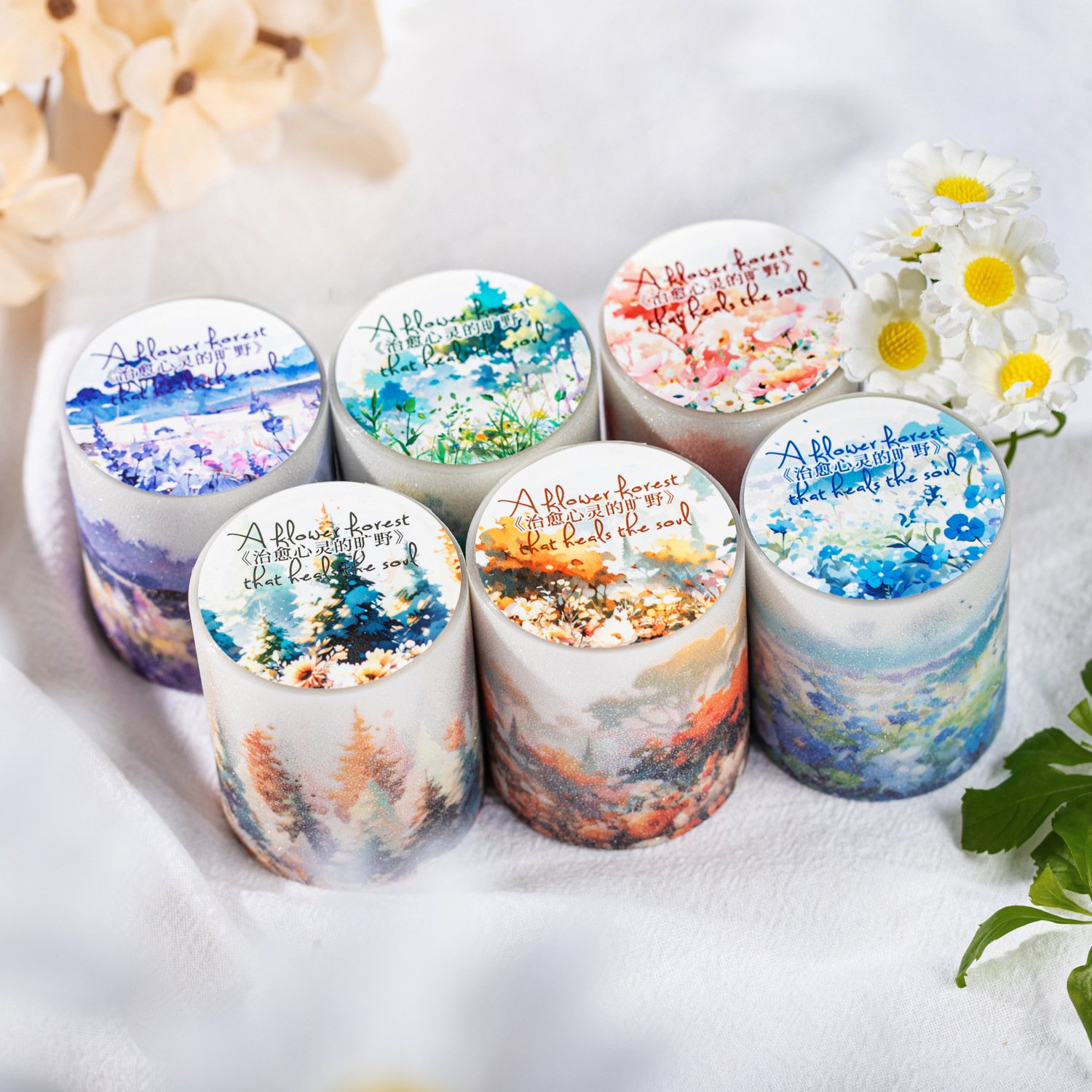 1 roll/piece PET sticker tape, healing the soul, wilderness series, DIY landscaping materials, recycling stickers, 6 styles