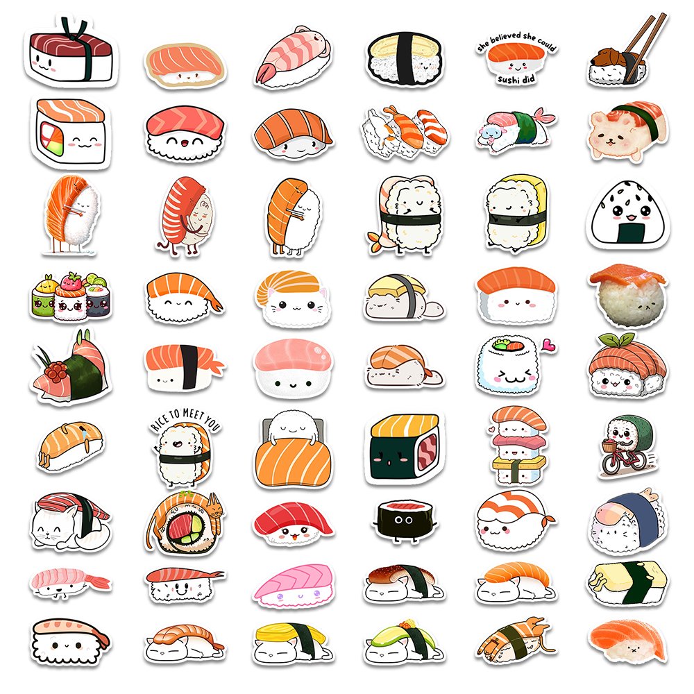 54pcs funny sushi PVC waterproof graffiti decorative sticker pack for kids laptop phone bike car guitar notebook