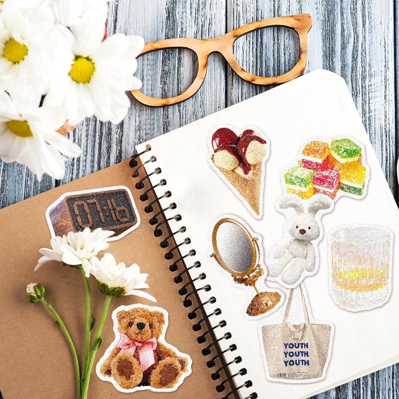60-Piece Self-Adhesive Waterproof PVC Profiled Stick-On Clock Dessert Doll Ledger Stickers Life's Small Objects Inspired Cartoon