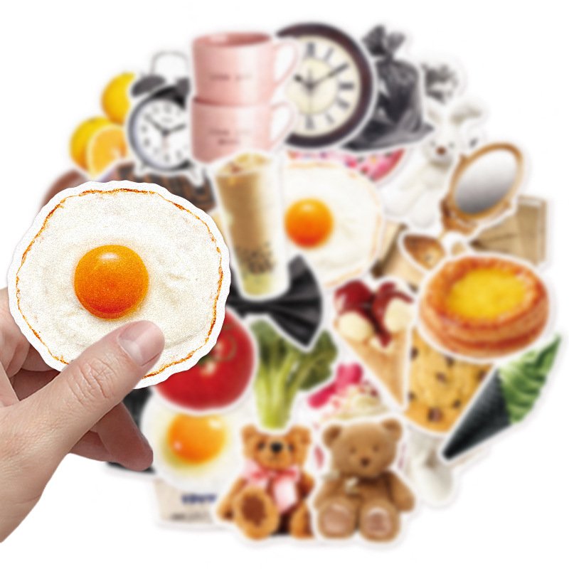 60-Piece Self-Adhesive Waterproof PVC Profiled Stick-On Clock Dessert Doll Ledger Stickers Life's Small Objects Inspired Cartoon