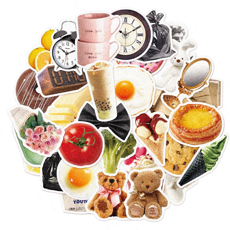 60-Piece Self-Adhesive Waterproof PVC Profiled Stick-On Clock Dessert Doll Ledger Stickers Life's Small Objects Inspired Cartoon