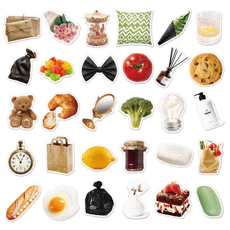 60-Piece Self-Adhesive Waterproof PVC Profiled Stick-On Clock Dessert Doll Ledger Stickers Life's Small Objects Inspired Cartoon