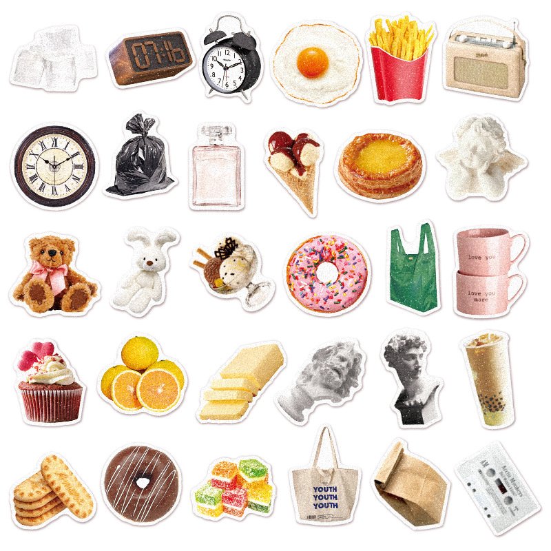 60-Piece Self-Adhesive Waterproof PVC Profiled Stick-On Clock Dessert Doll Ledger Stickers Life's Small Objects Inspired Cartoon