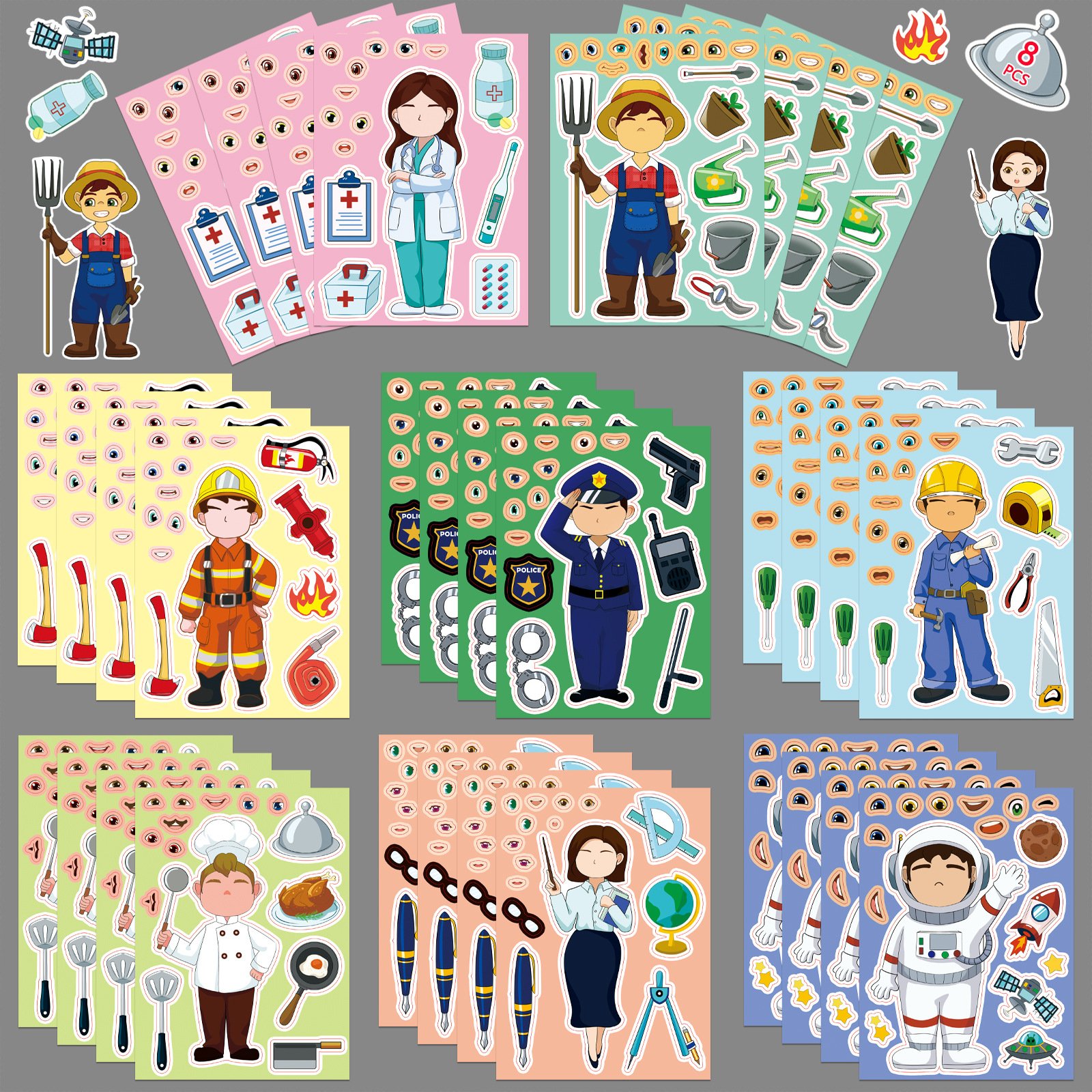 Children's Cartoon Female Career DIY Paper Stickers Career Change Face Stickers for Kids DIY Decoration