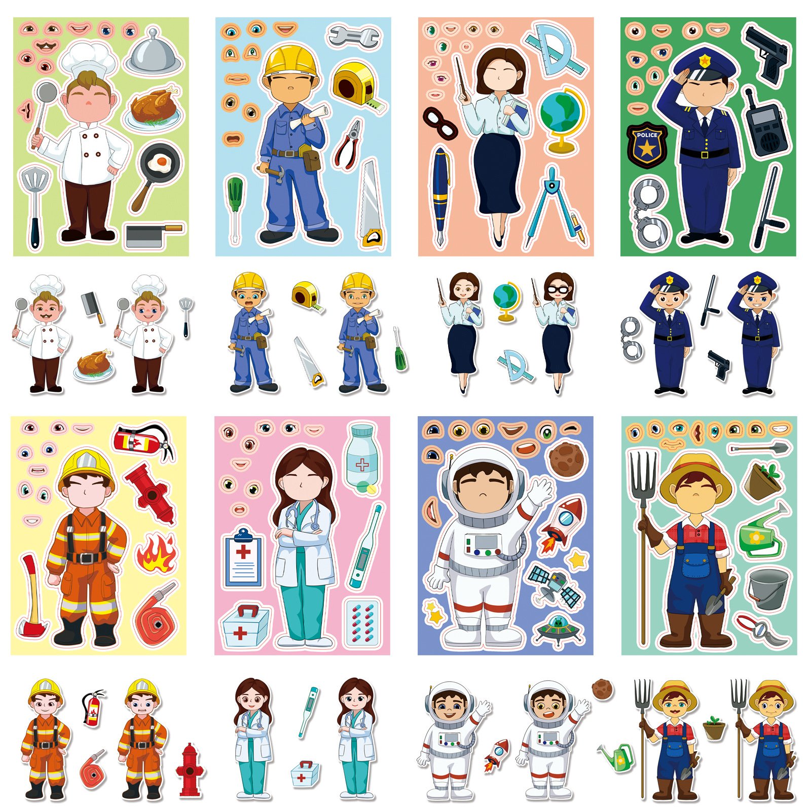 Children's Cartoon Female Career DIY Paper Stickers Career Change Face Stickers for Kids DIY Decoration