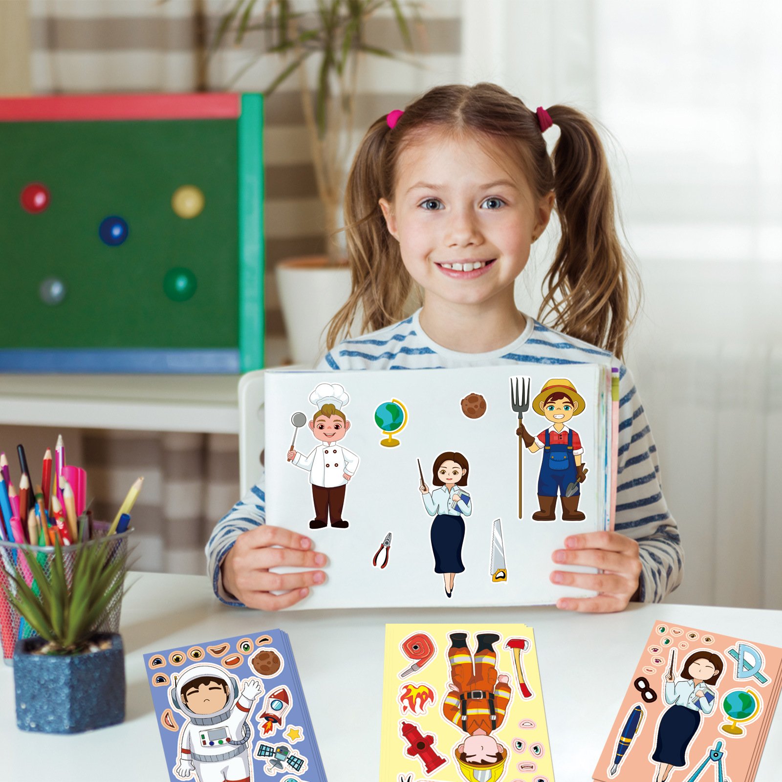 Children's Cartoon Female Career DIY Paper Stickers Career Change Face Stickers for Kids DIY Decoration