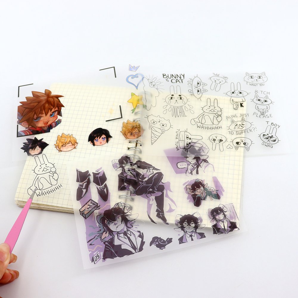 Custom A4 A5 A6 Printing Waterproof Transparent Personalized Clear Sticker Kiss Cut Cartoon Sticker Sheet