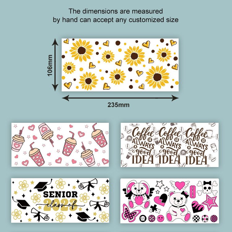 Wholesale Custom Design UV DTF Transfer Sticker Cartoon Decals Waterproof UV DTF Cup Wraps Transfer Stickers for Glass Cup