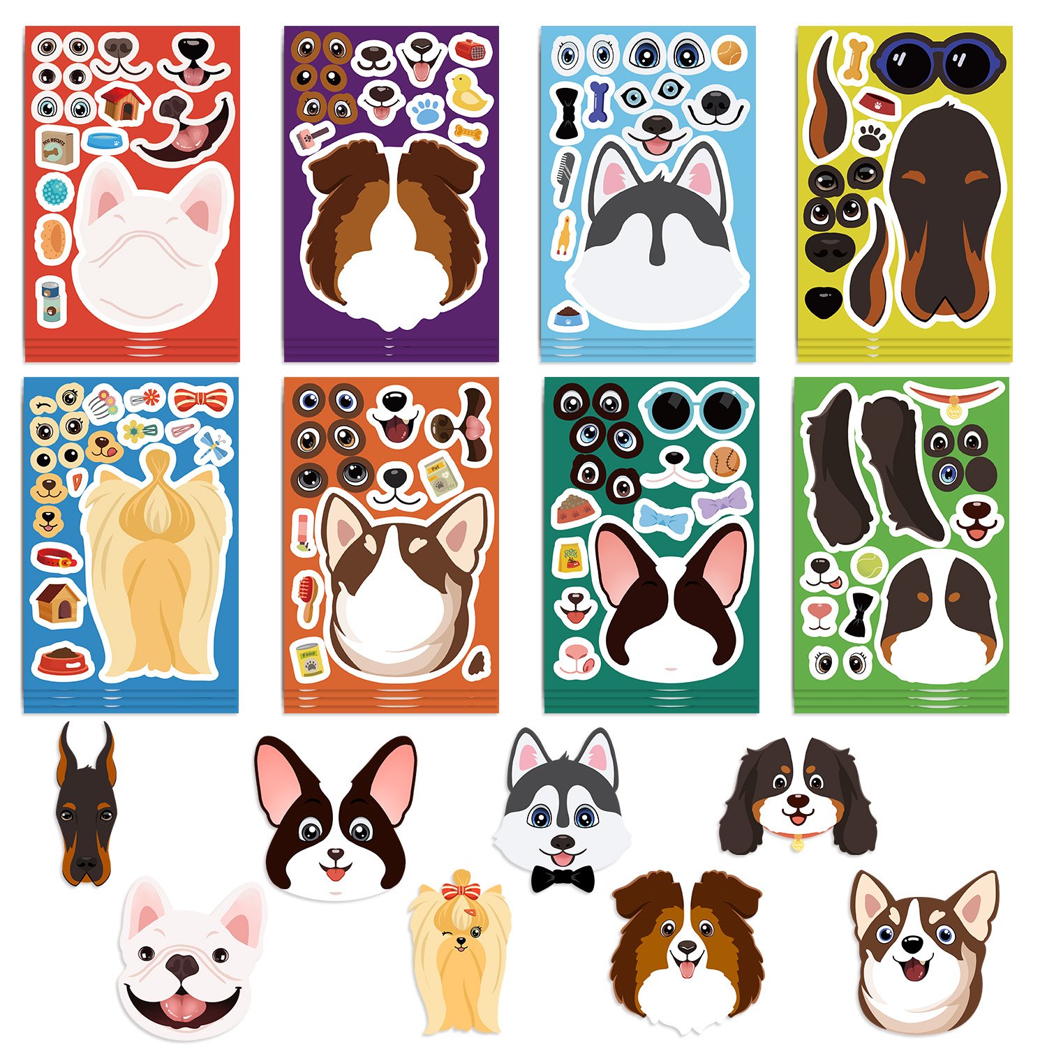 8 Sheets Cartoon Dogs Make a Face Stickers Diy Decoration Phone Water Cup Laptop Diary Children Puzzle Waterproof Toy Decals