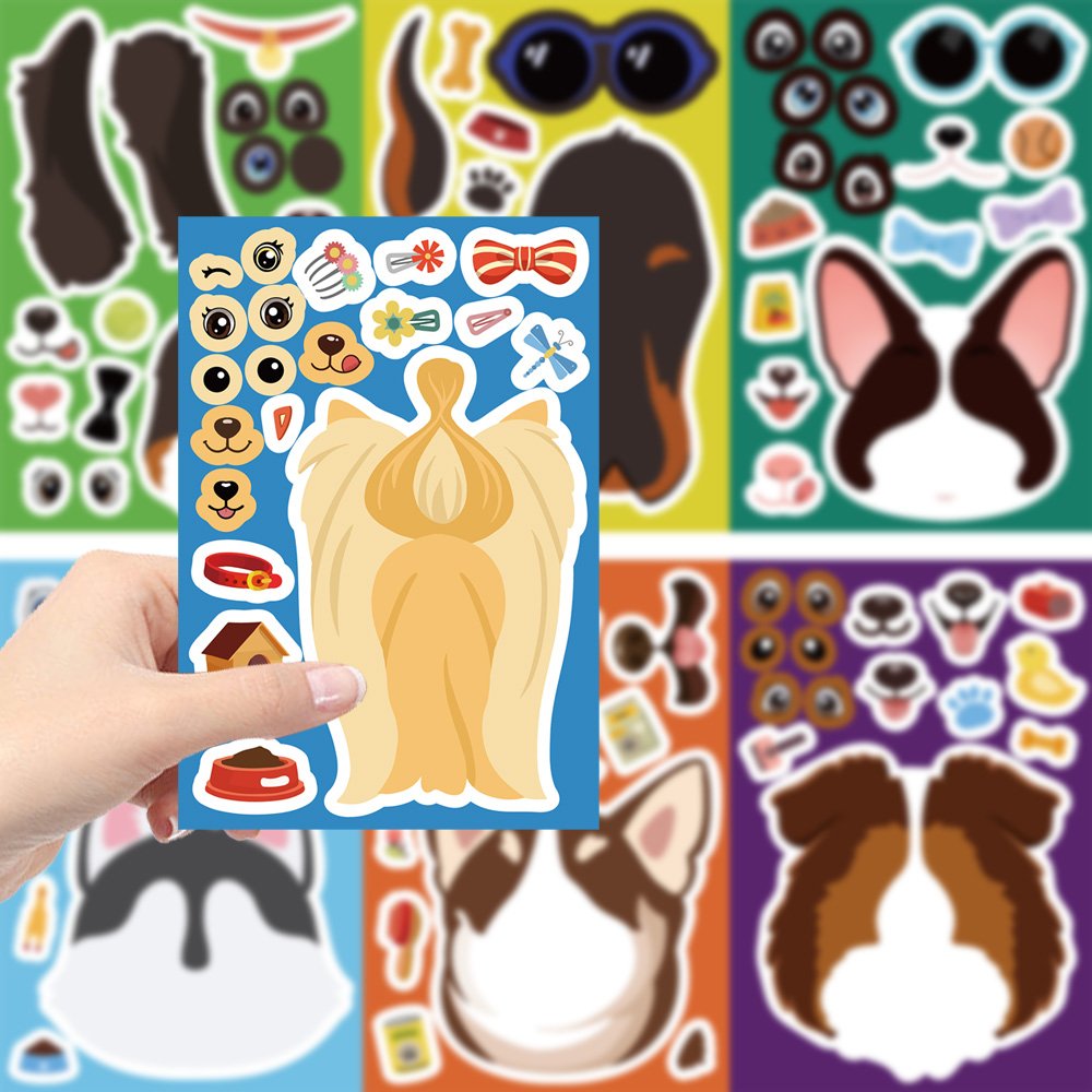 8 Sheets Cartoon Dogs Make a Face Stickers Diy Decoration Phone Water Cup Laptop Diary Children Puzzle Waterproof Toy Decals