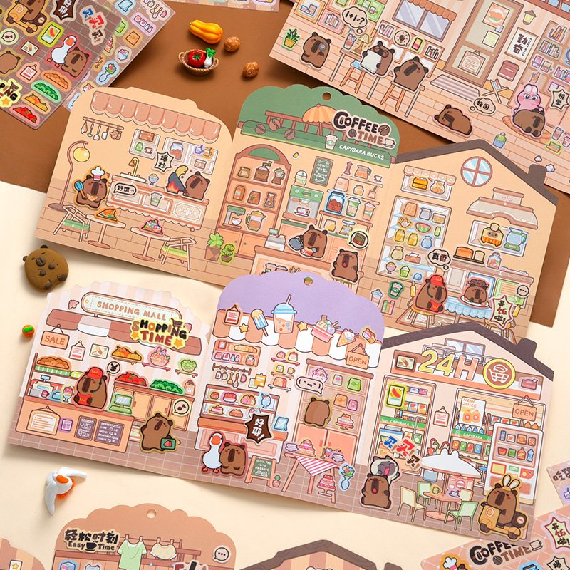 SIMNO Cartoon Design Capybara Theme Kids DIY Scene Quiet Book Cute Sticker Pack Creative DIY Kit
