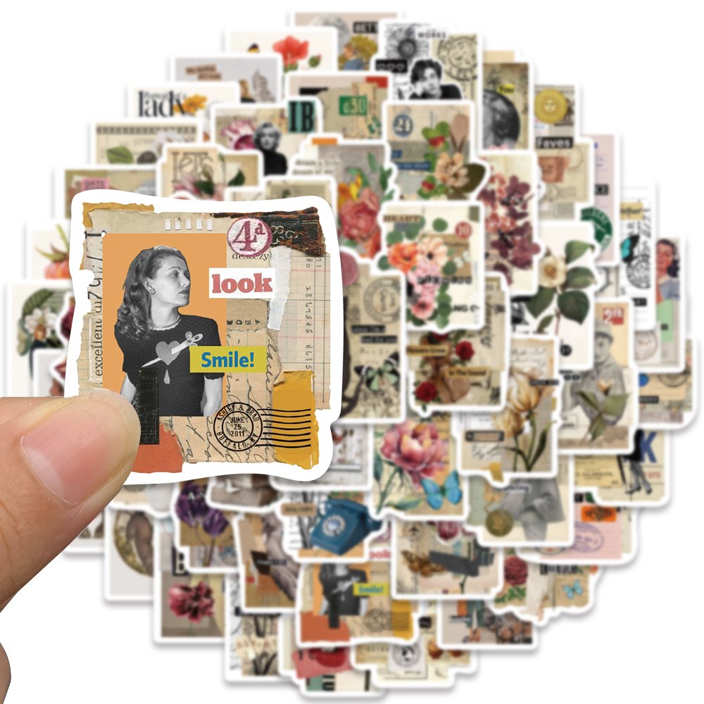 53pcs Retro Poster Stamp Art Sticker Aesthetic Graffiti Decal Diy Scrapbook Diary Water Bottle Waterproof Stickers Children Gift