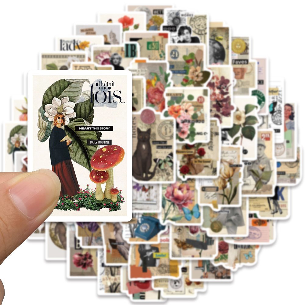 53pcs Retro Poster Stamp Art Sticker Aesthetic Graffiti Decal Diy Scrapbook Diary Water Bottle Waterproof Stickers Children Gift