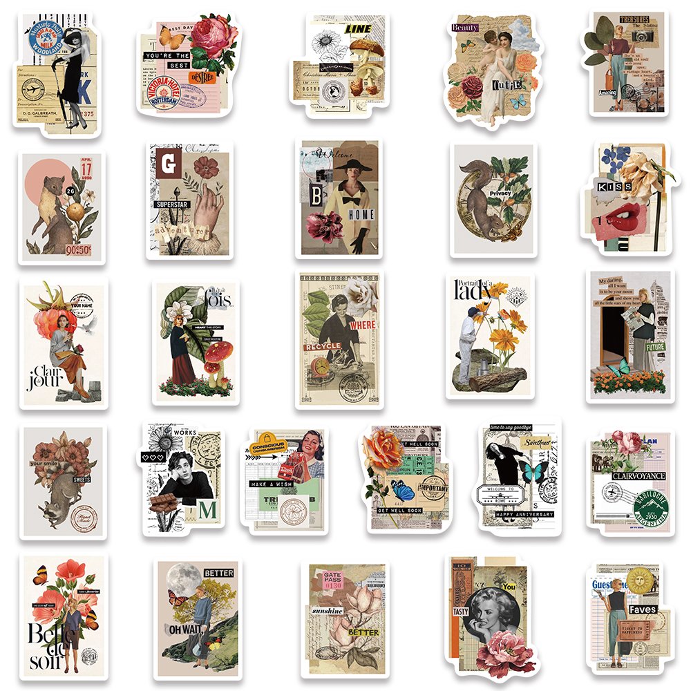 53pcs Retro Poster Stamp Art Sticker Aesthetic Graffiti Decal Diy Scrapbook Diary Water Bottle Waterproof Stickers Children Gift