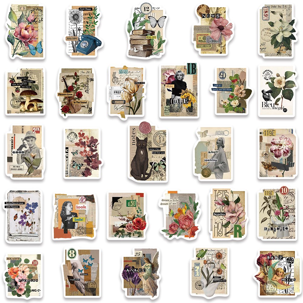 53pcs Retro Poster Stamp Art Sticker Aesthetic Graffiti Decal Diy Scrapbook Diary Water Bottle Waterproof Stickers Children Gift