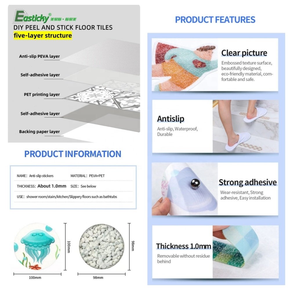 Cute cartoon pattern PEVA waterproof self-adhesive wear-resistant anti-slip bathtub sticker