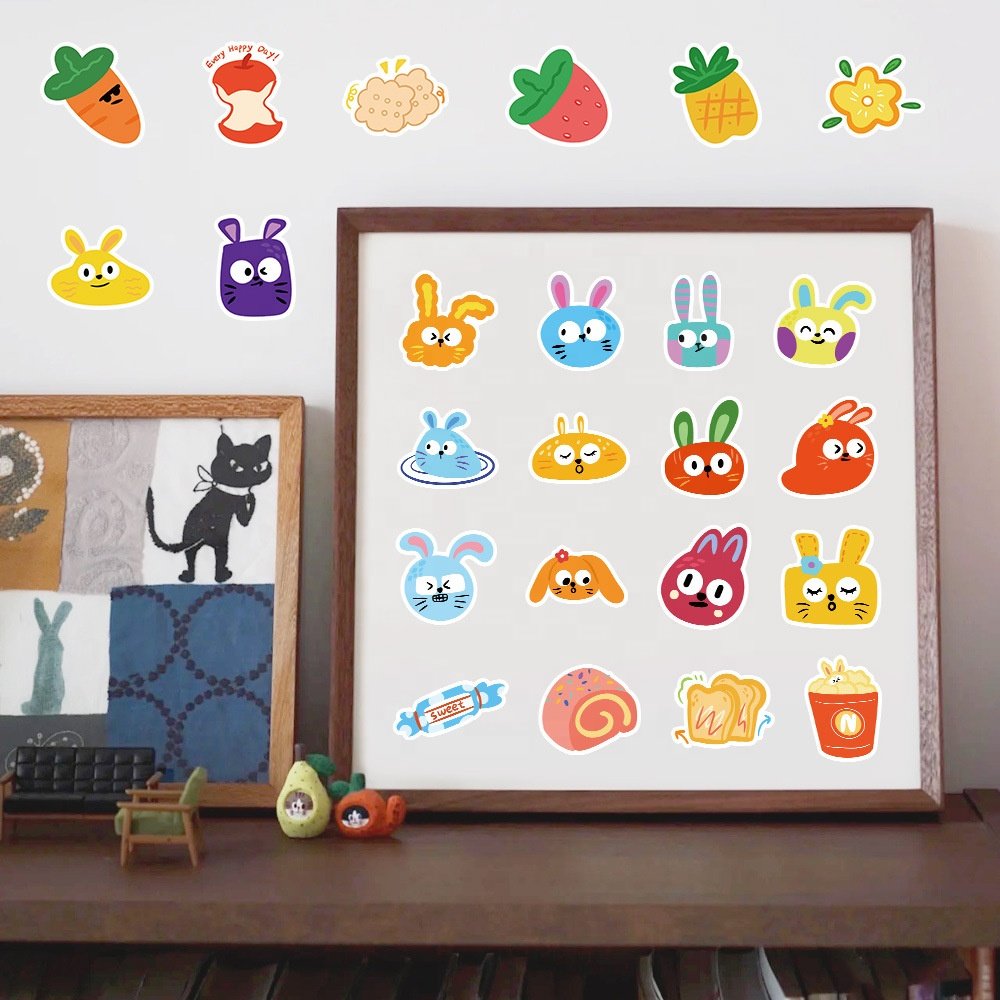 Vi-60pcs die cut vinyl waterproof cute cartoon rabbit graffiti reward sticker pack for kids laptop phone luggage bike guitar