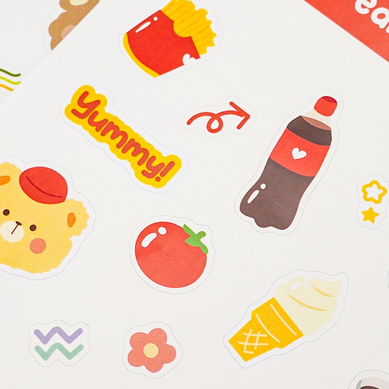 Wholesale Self Adhesive Transparent Printing Label PVC Cute Cartoon Tiny Food Logo Vinyl Kiss Cut Sticker Sheet