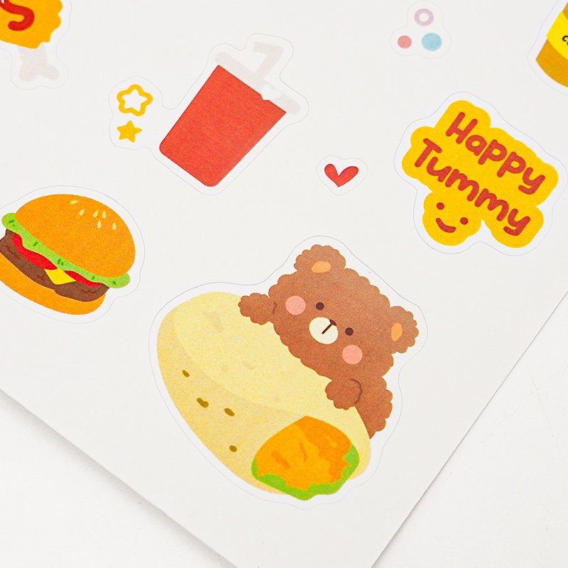 Wholesale Self Adhesive Transparent Printing Label PVC Cute Cartoon Tiny Food Logo Vinyl Kiss Cut Sticker Sheet
