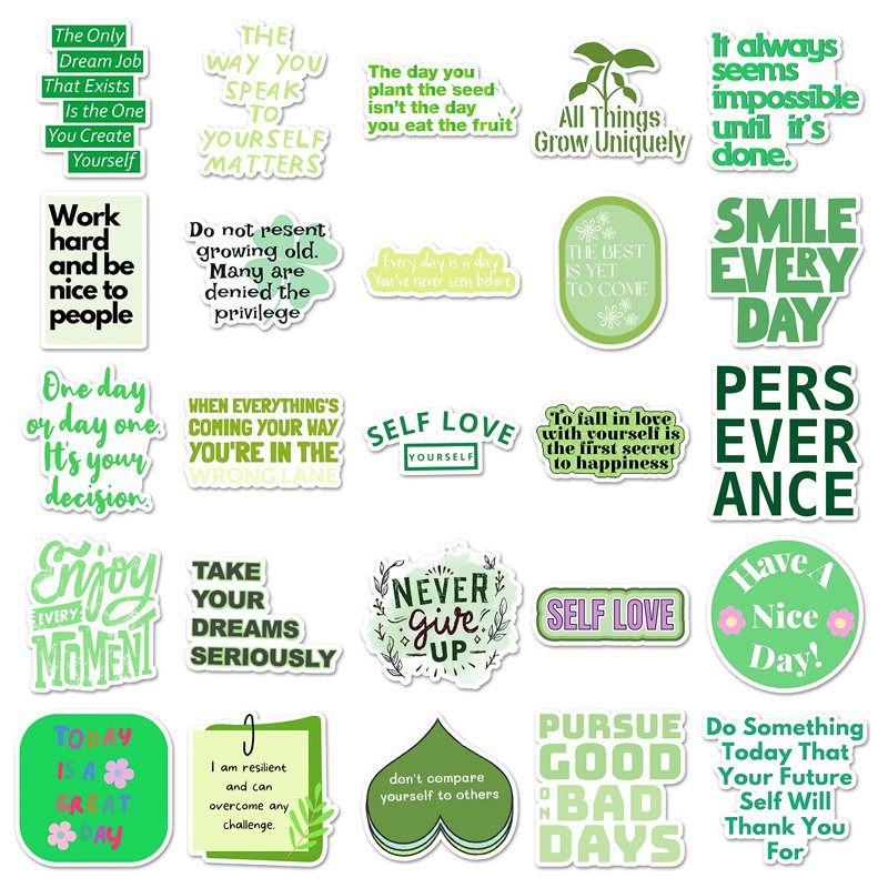 50Pcs High Quality Vinyl Waterproof Cartoon Sticker Decorations Green Motivational English Sticker