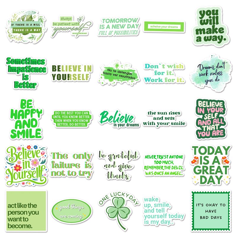 50Pcs High Quality Vinyl Waterproof Cartoon Sticker Decorations Green Motivational English Sticker