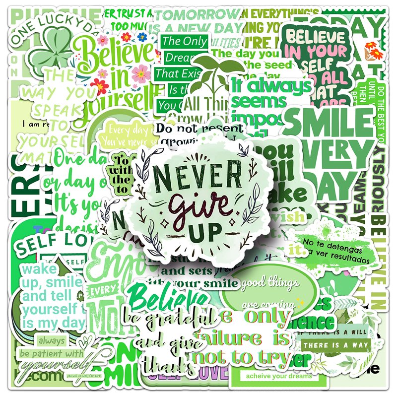 50Pcs High Quality Vinyl Waterproof Cartoon Sticker Decorations Green Motivational English Sticker