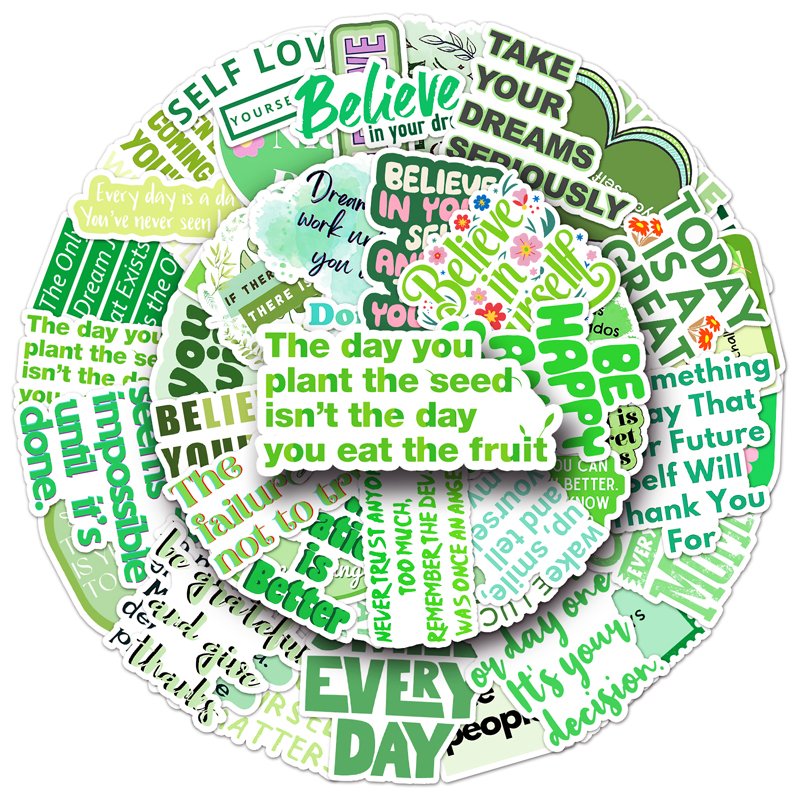50Pcs High Quality Vinyl Waterproof Cartoon Sticker Decorations Green Motivational English Sticker