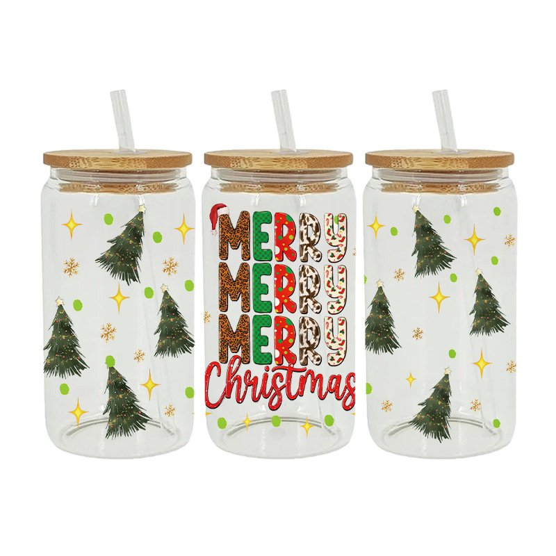23*11CM Christmas Gingerbread Man Cartoon Christmas Tree Uv Dtf Cup Wraps Sticker Transfer Libbey Wrap