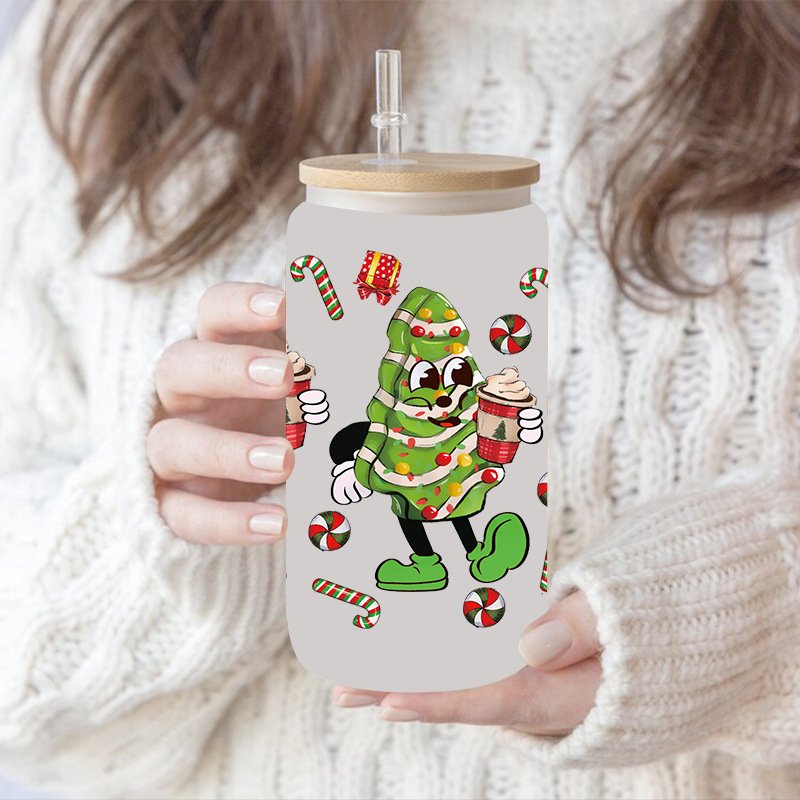 23*11CM Christmas Gingerbread Man Cartoon Christmas Tree Uv Dtf Cup Wraps Sticker Transfer Libbey Wrap