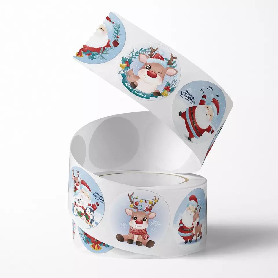 Wholesale Cartoon Round Xmas Decorations Envelope Seals Santa Snowman Adhesive Christmas Card Seal Stickers Roll