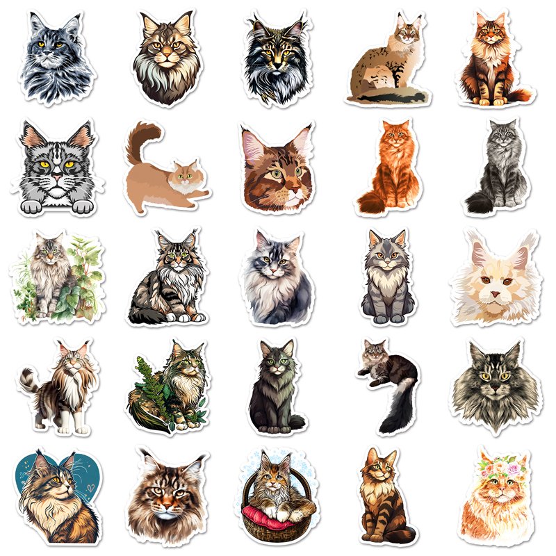 50PCS Factory Sales Cartoon Cool Custom Cute Cats Maine Coon Animal Sticker For Laptop Cup Journal Sticker