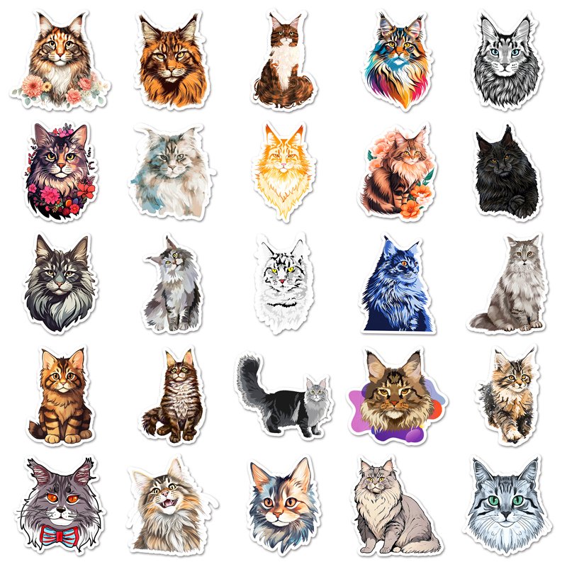 50PCS Factory Sales Cartoon Cool Custom Cute Cats Maine Coon Animal Sticker For Laptop Cup Journal Sticker