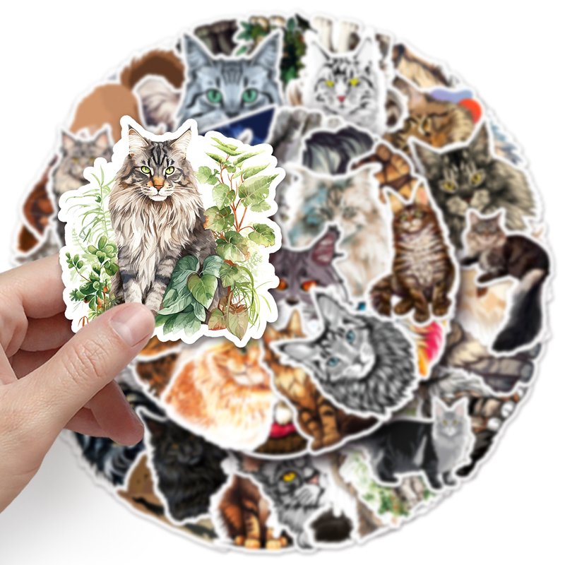 50PCS Factory Sales Cartoon Cool Custom Cute Cats Maine Coon Animal Sticker For Laptop Cup Journal Sticker
