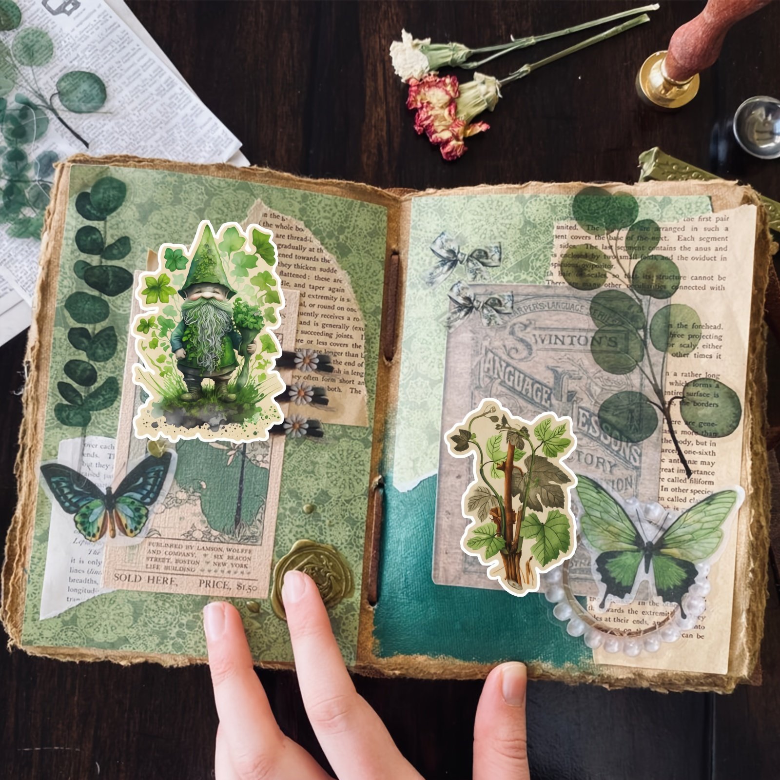 Green Plant Cartoon Stickers 50pcs PVC Waterproof Self Adhesive Vintage Envelope Sealing Vinyl Nature Labels Diary DIY Scrapbook