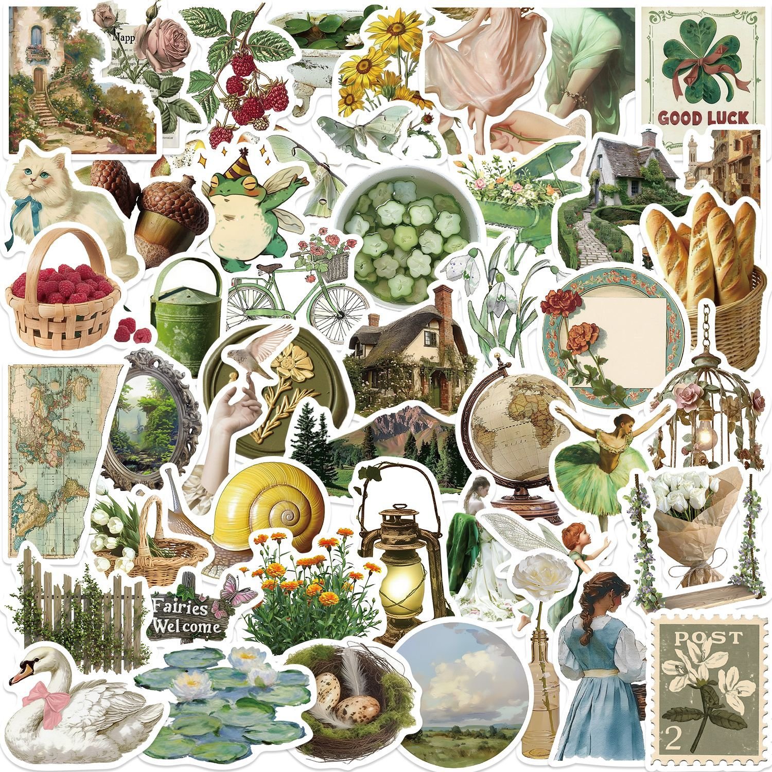 50Pcs Vintage Pastoral Style VSCO Graffiti Stickers For Luggage Bottle Decor Aesthetic Cute Cartoon Sticker